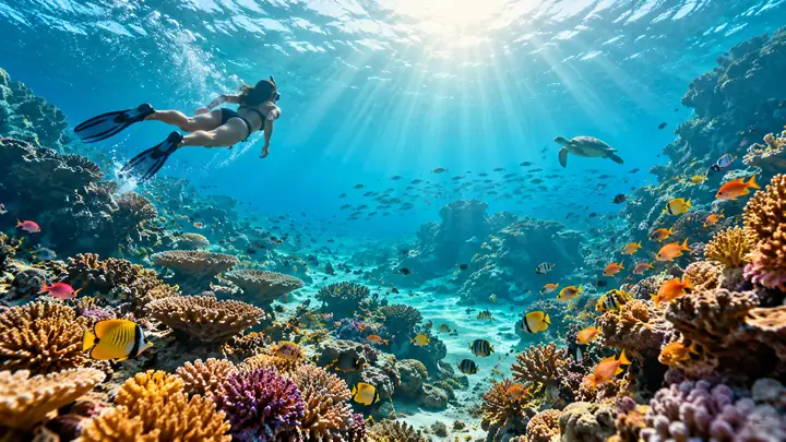 Ein sonnendurchfluteter türkisfarbener Ozean über einem farbenfrohen Korallenriff, mit kleinen tropischen Fischen, die in einer weiten filmischen Ansicht durchs Wasser schwimmen.