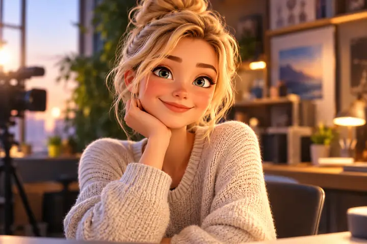 Ein kleines gerahmtes Porträt einer fröhlichen, blonden 3D-Animationsfigur bei sanfter Studiobeleuchtung.