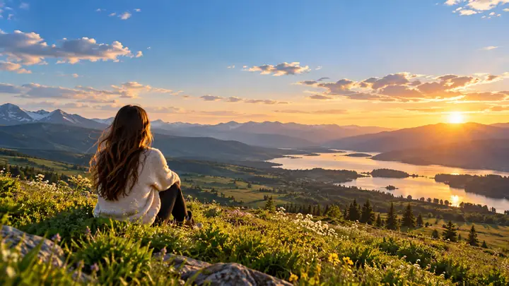 Eine Frau sitzt auf einem grünen Hügel unter einem weiten, klaren Himmel – für ein weitläufiges Herauszoomen ins Bild gesetzt.