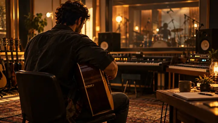 Ein Musiker in einem warm beleuchteten Aufnahmestudio, inszeniert wie ein Standbild aus einem Kinofilm.