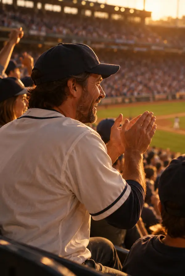Ein Baseballzuschauer im weißen Trikot während eines Live-Spiels.