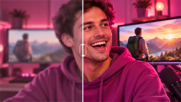 Ein Vorher-Nachher-Videobild, das klarere Details und verbesserte Farben zeigt.