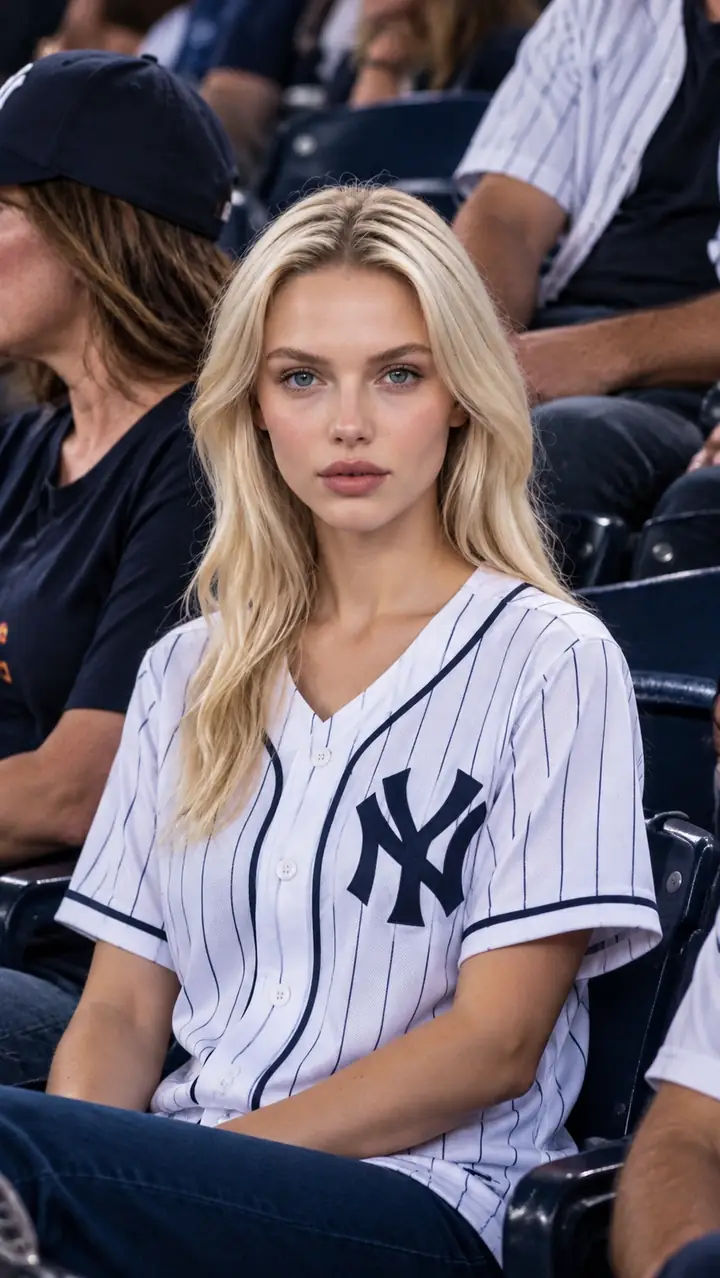 Eine blonde Frau im Baseballtrikot sitzt bei einem Spiel.