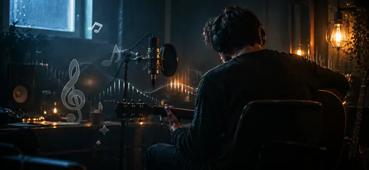 Eine filmische Aufnahmeszene mit dezenten Musik- und Audiografiken im gesamten Bild.