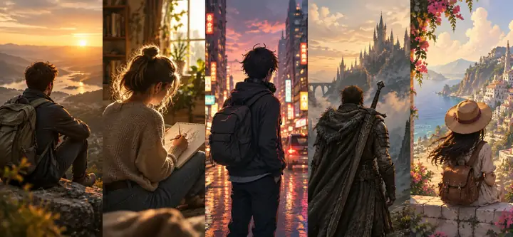Eine Sammlung fotografischer Porträts, illustrierter Figuren und Fantasy-Kunstwerke in unterschiedlichen visuellen Stilen.