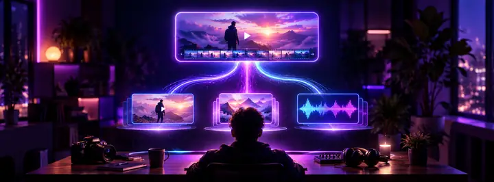 Ein kreativer Studio-Workflow, der Video-, Bild- und Audioprojekte in einem visuellen Arbeitsbereich zusammenbringt.