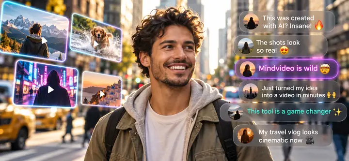 Ein Creator auf einer Stadtstraße, mit Social-Video-Grafiken und Kommentaren über der Szene.