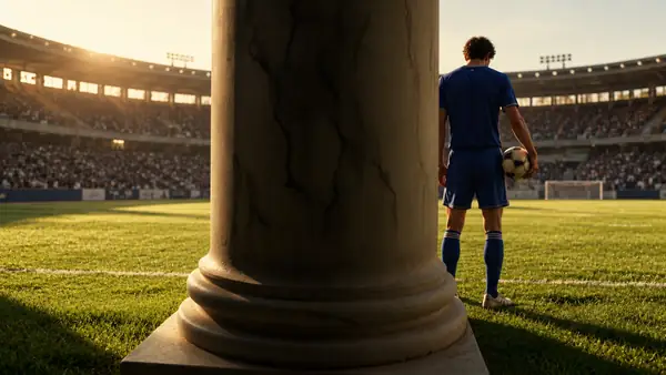 Ein Fußballspieler in Blau steht auf einem hell erleuchteten Stadionrasen.