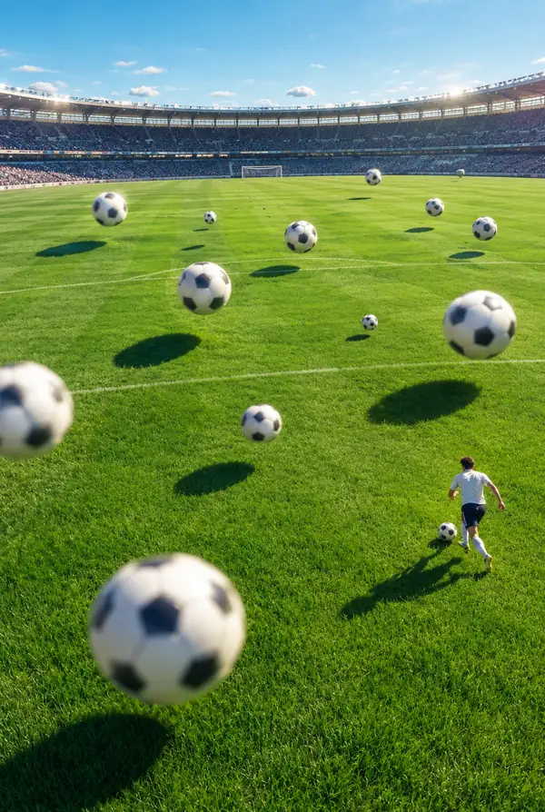 Ein Fußballspieler filmt eine dramatische Nahaufnahme auf dem Stadionrasen.