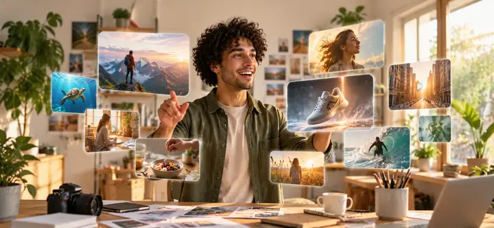 Eine Marketingfachkraft begutachtet schwebende Produkt- und Videokonzepte in einem hellen, kreativen Arbeitsbereich.