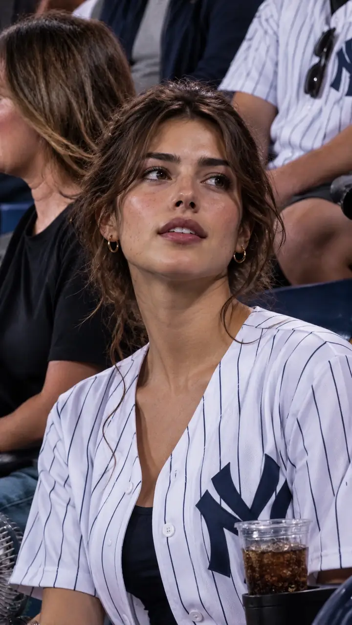 Ein Porträt einer jungen Frau bei einem Baseballspiel mit TV-Grafiken.