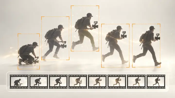Eine Abfolge von Bewegungsbildern, die zeigt, wie eine kurze Videoszene weitergehen könnte.
