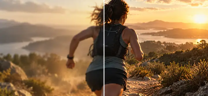 Eine Laufszene im geteilten Bild, die weicheres Videomaterial mit einem schärferen, optimierten Bild vergleicht.