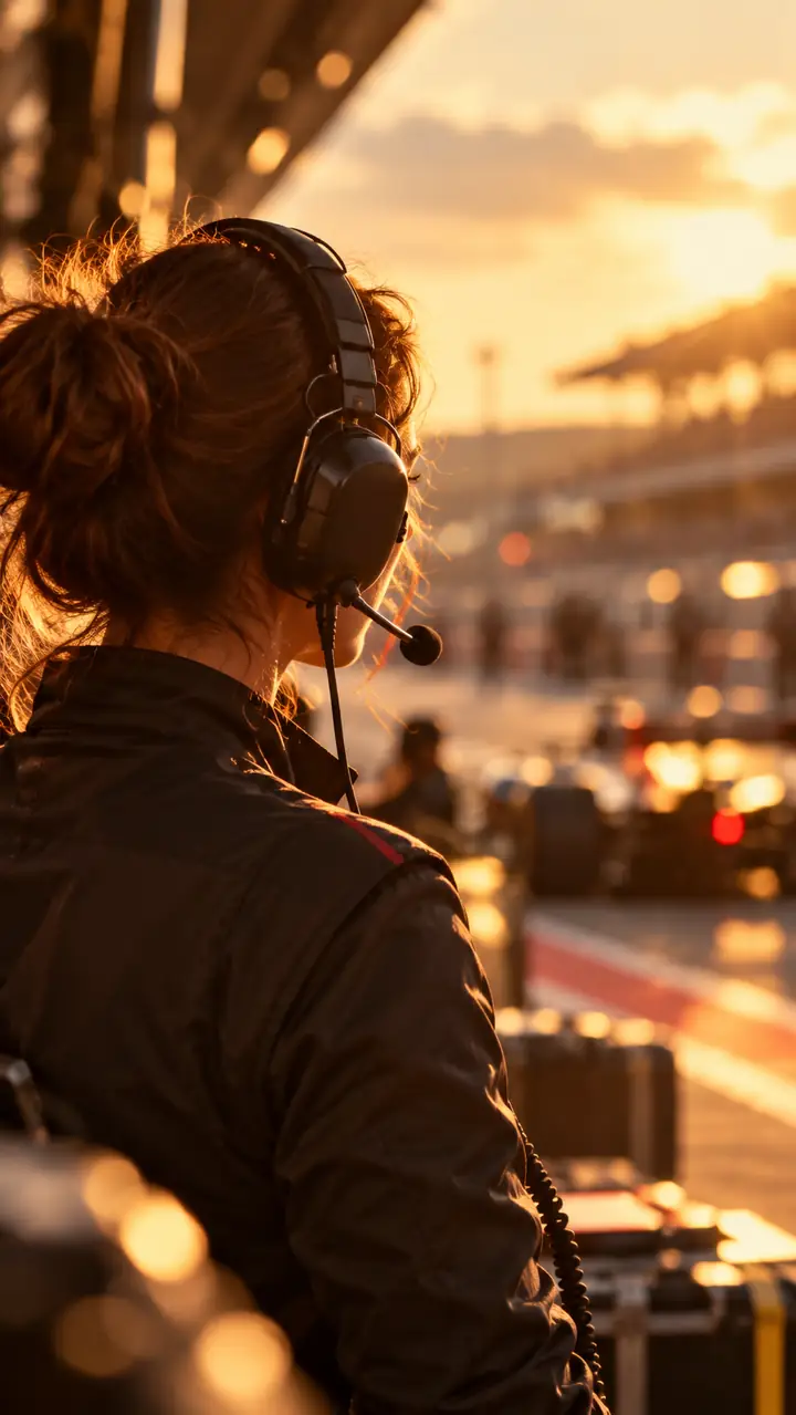 Eine Frau mit Headset bei einer Motorsportveranstaltung neben der Boxengasse.