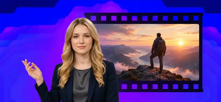 Ein Beispiel für KI-Videoerstellung, das eine präsentierende Person neben einer filmischen Szene zeigt.
