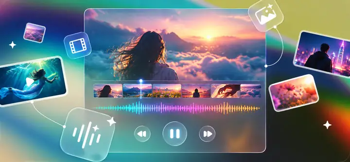 Eine Benutzeroberfläche zur Audioerstellung mit Songtexten, farbenfrohem Artwork und Wiedergabesteuerung.